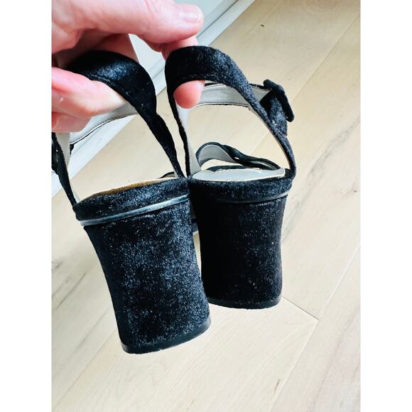 90s Black Velvet Heels Size 9.5 Retro Formal Block Heels Open Toe - Picture 9 of 11